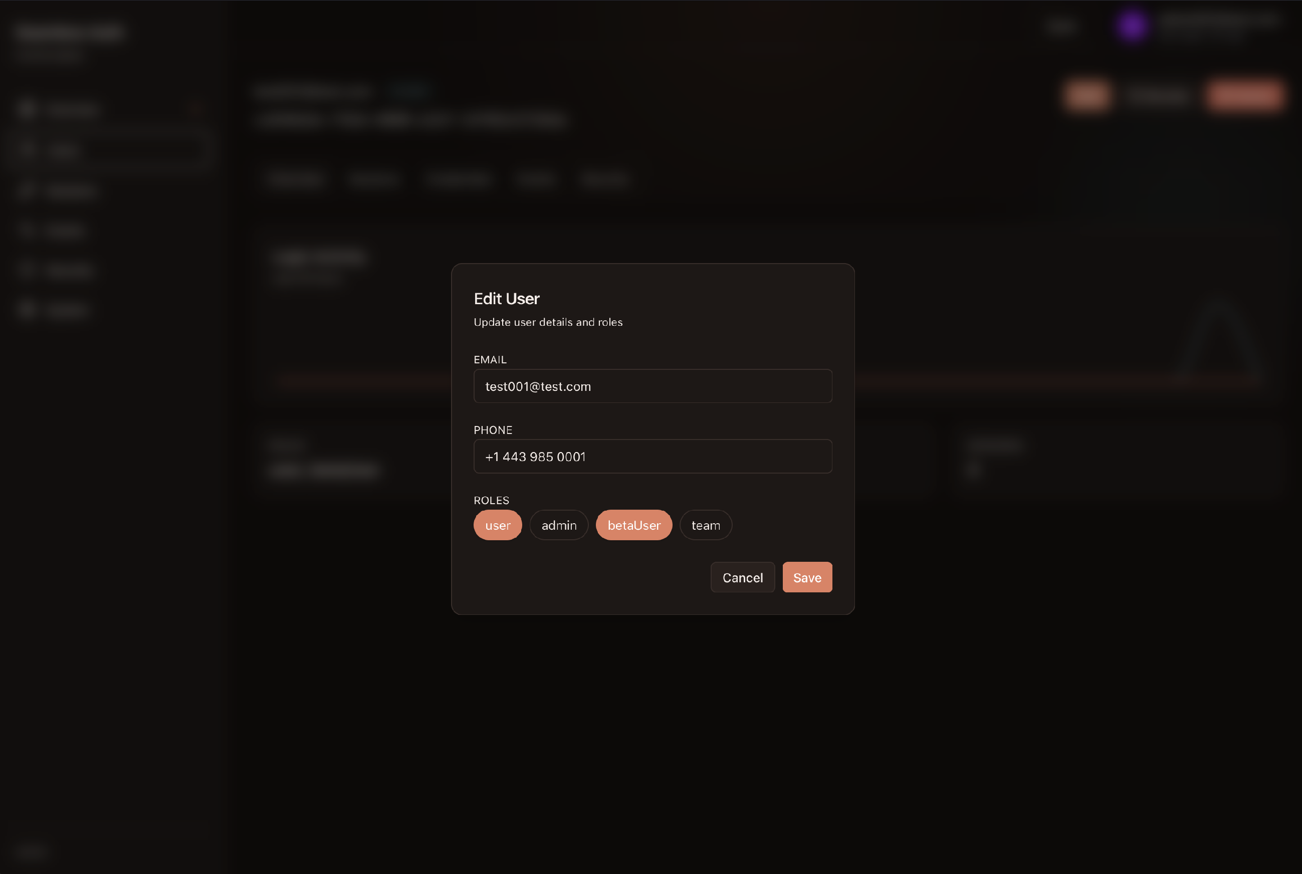 Admin portal user edit modal