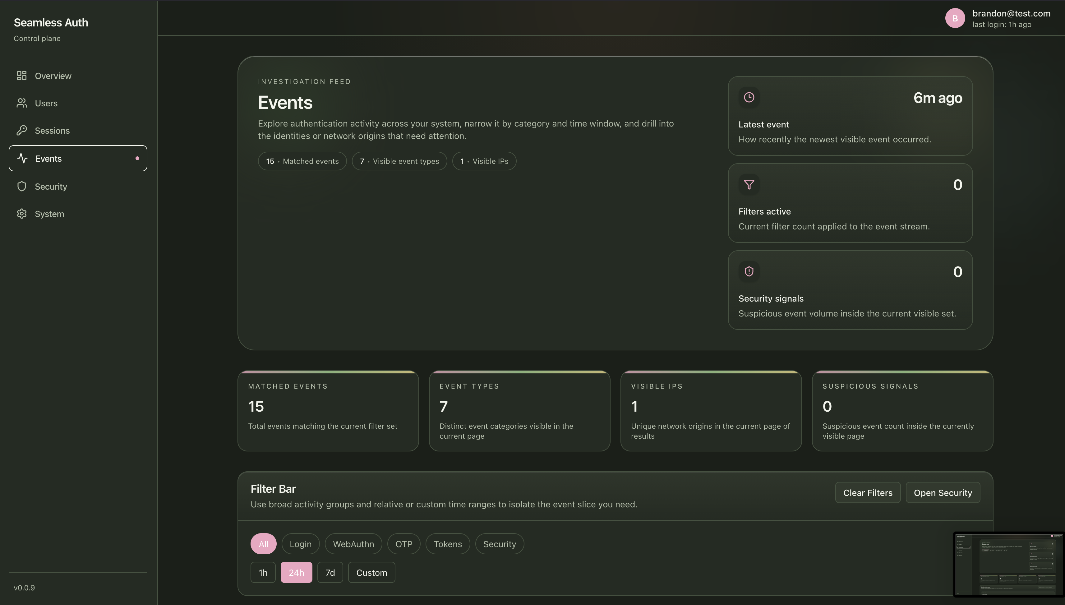 Seamless Admin auth events view