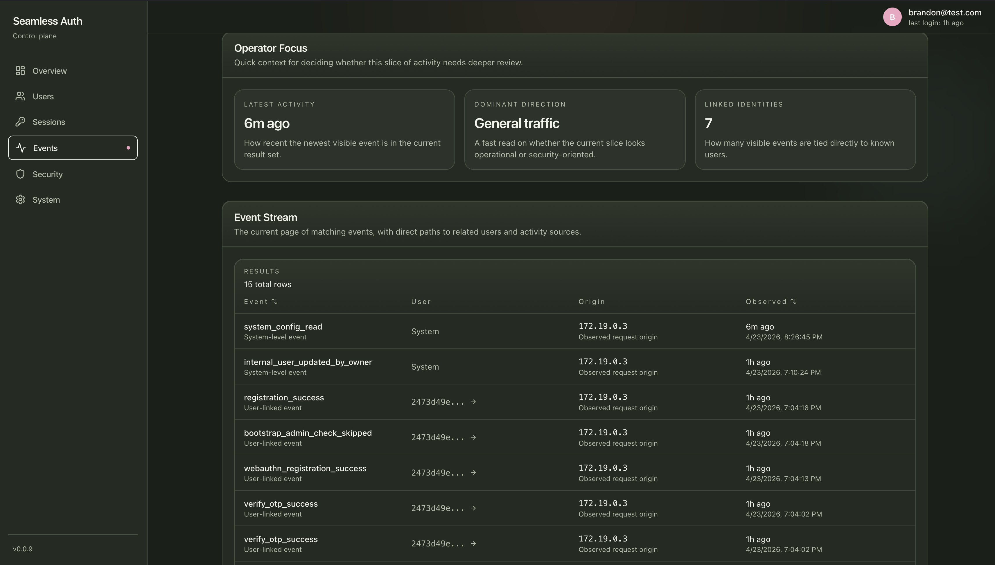 Seamless Admin auth events view