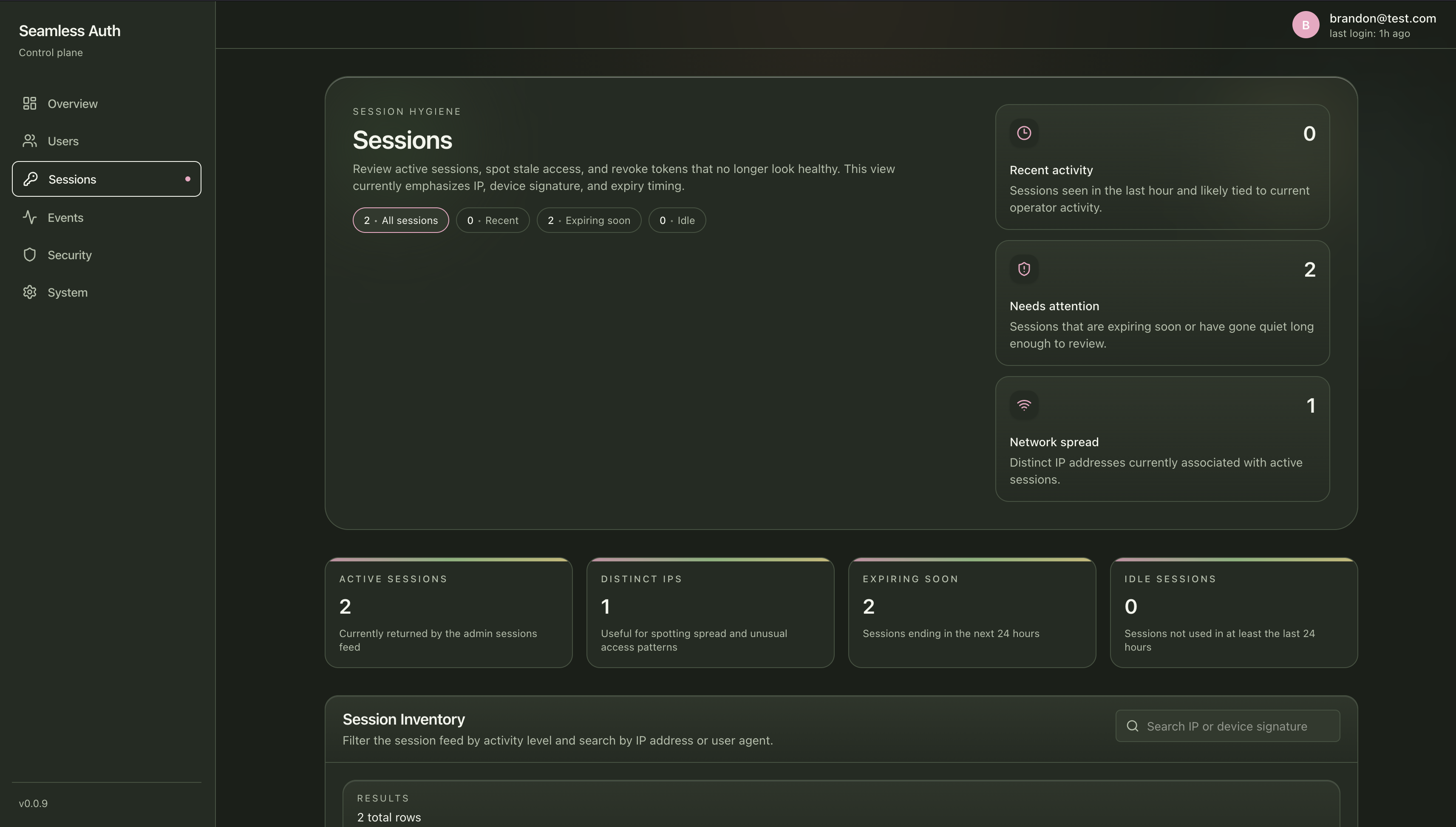 Seamless Admin sessions view