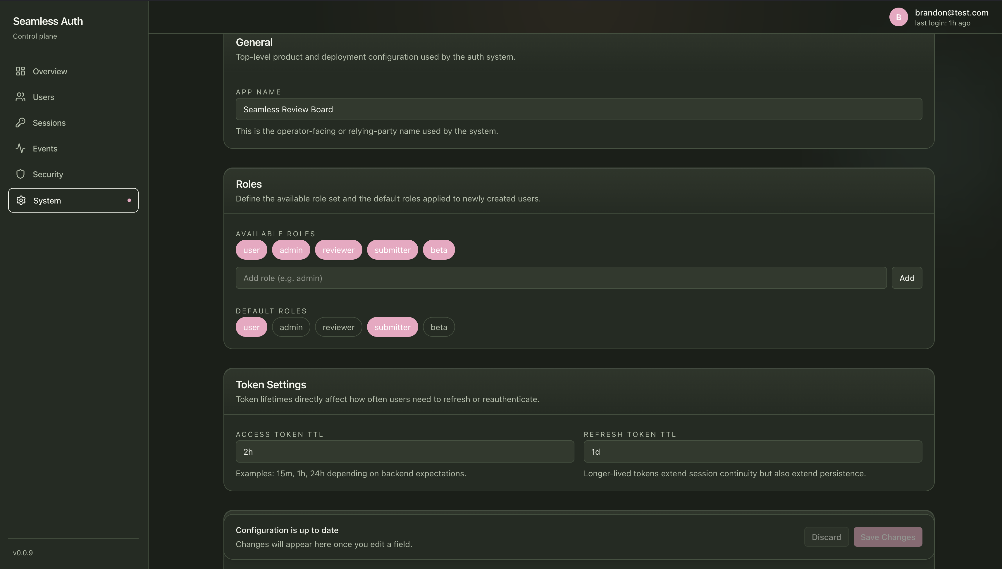 Seamless Admin system config view