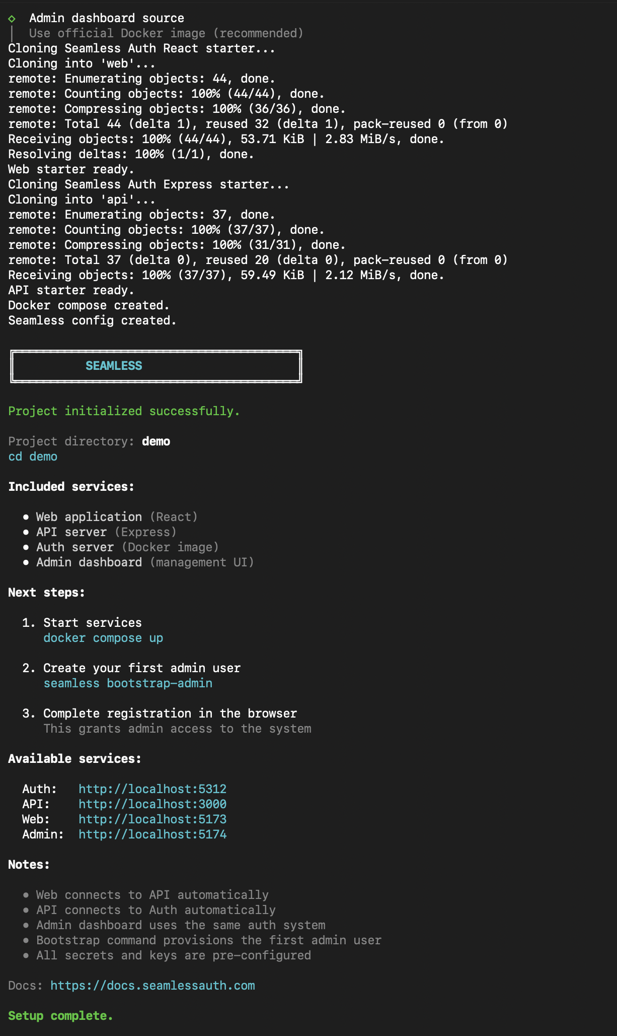 Seamless CLI init output