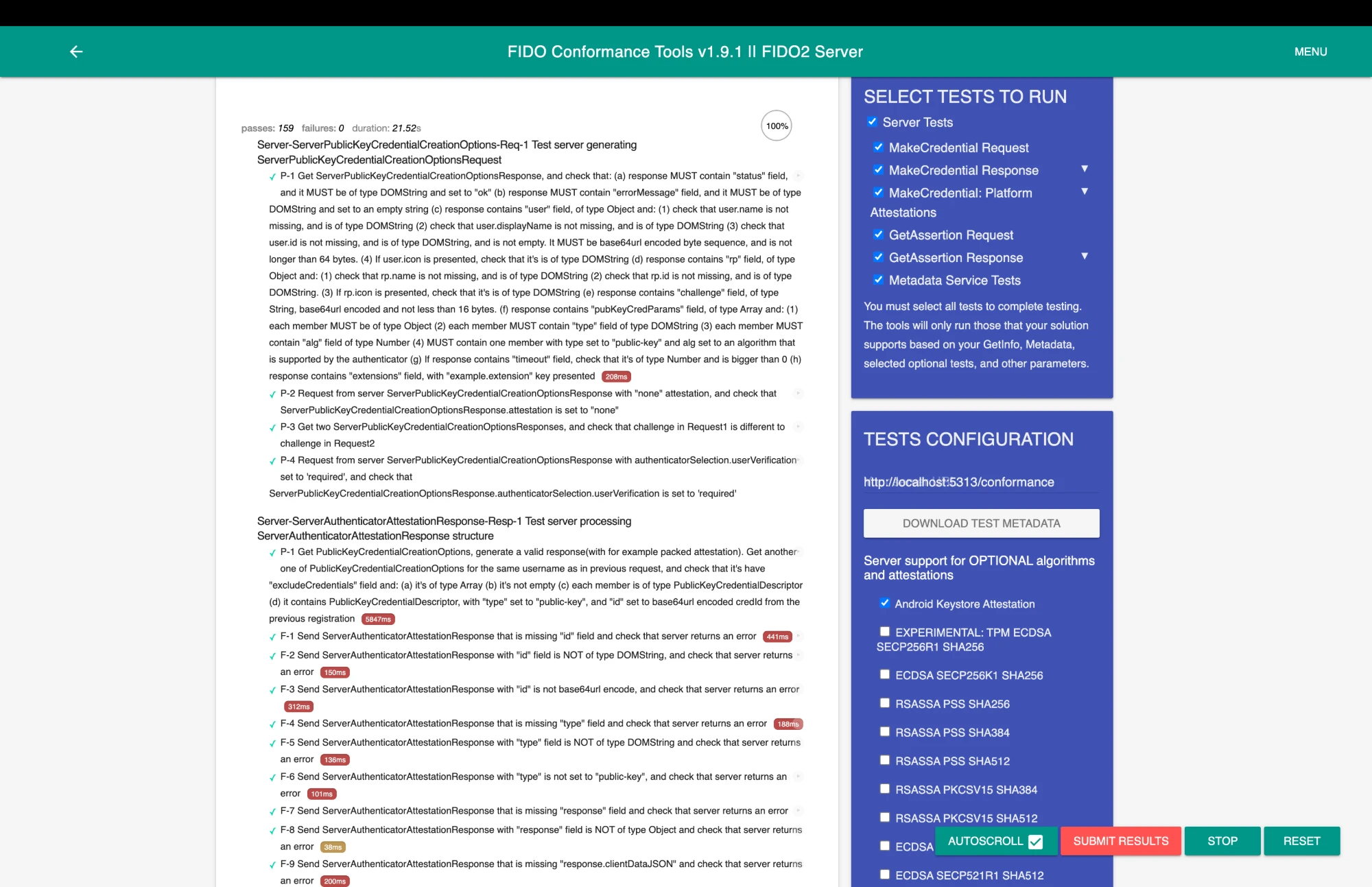 FIDO Conformance Tools 1.9.1, FIDO2 Server tests: passes 159, failures 0, duration 21.52s