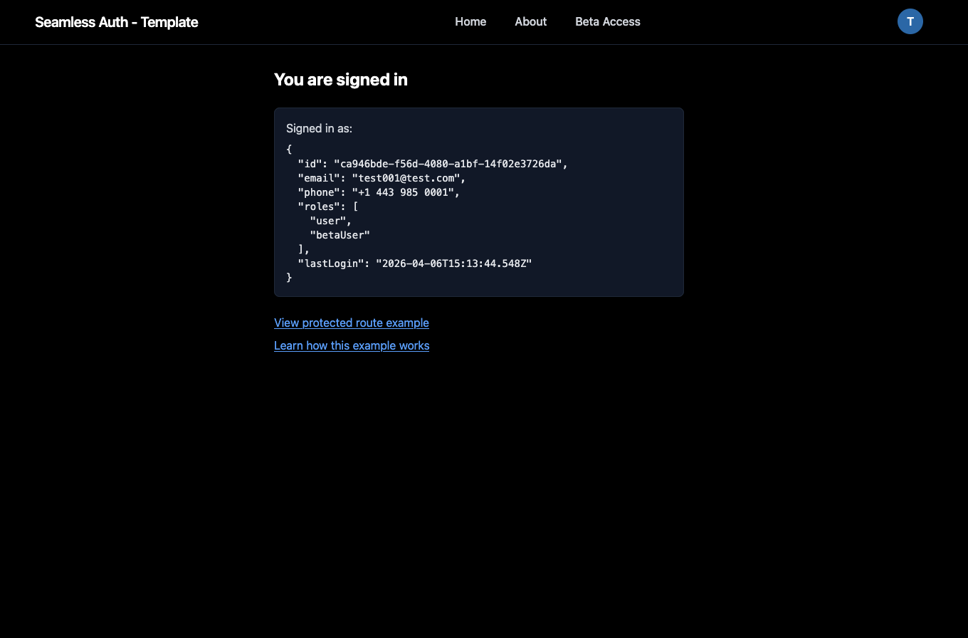Seamless Auth starter UI - logged in landing page