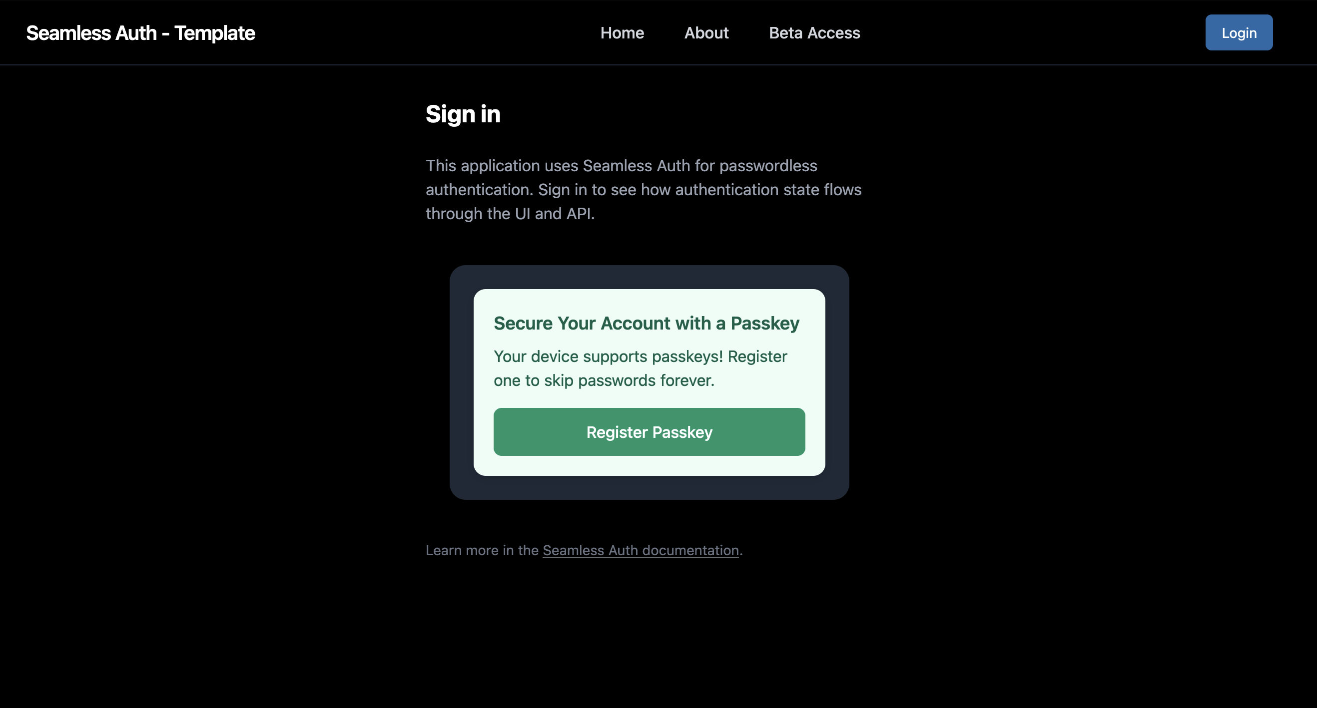 Passkey registration screen